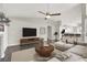 Inviting living room with modern furnishings, a ceiling fan, and seamless flow to the kitchen at 3053 Anchor Chain Dr, Las Vegas, NV 89128
