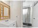 Bathroom featuring modern fixtures and a shower/tub combo with a patterned curtain at 3625 Barcelona St, Las Vegas, NV 89121