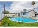 Backyard features a sparkling blue pool surrounded by lush green turf and complimented by lounge chairs at 6301 Garwood Ave, Las Vegas, NV 89107