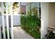 A well-maintained side yard featuring lush greenery, a concrete pathway, and decorative iron accents, enhancing outdoor appeal at 9440 Grenville Ave, Las Vegas, NV 89134