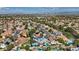 Residential aerial view of the neighborhood with a blue house featuring a pool and RV parking at 9436 Darwell Dr, Las Vegas, NV 89117