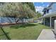 Large backyard with a well-maintained lawn, mature tree, and a blue accent wall at 9436 Darwell Dr, Las Vegas, NV 89117