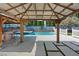 View of the gazebo overlooking the outdoor kitchen, pool, spa, and patio area at 9436 Darwell Dr, Las Vegas, NV 89117