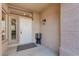 Front door area featuring the front door, side lights, storm door, textured walls, and decorative touches at 10504 Button Willow Dr, Las Vegas, NV 89134