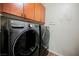 Laundry room with modern washer and dryer, complete with built-in storage at 132 Soaring Sky Ave, Henderson, NV 89011