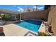 Backyard pool and covered patio with comfortable seating and beautiful desert landscaping at 3355 Royal Bay Dr, Las Vegas, NV 89117