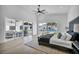 Bright main bedroom features a ceiling fan, floor-to-ceiling windows, and access to a patio at 3630 Tobias Ln, Las Vegas, NV 89120