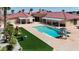 Aerial perspective of a backyard featuring an in-ground pool, artificial turf, and an outdoor seating area at 10280 W La Mancha Ave, Las Vegas, NV 89149