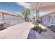 Open backyard featuring a stucco wall, storage shed, covered patio, and garden area, offering ample outdoor space at 1112 Sandy Cove St, Las Vegas, NV 89110