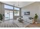 Cozy living room with a modern sofa, large windows, and access to the pool at 2714 Langlade Ave, Henderson, NV 89052