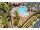 Aerial view of the community pool area, with seating, palm trees, and immaculate landscaping at 2896 Grande Arch St, Henderson, NV 89044