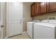Convenient laundry room featuring a washer, dryer, and upper cabinets for storage, enhancing functionality at 6929 Homing Pigeon Pl, North Las Vegas, NV 89084