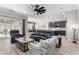 Open-concept living space with wood-look floors, a large sectional sofa, and a view of the kitchen at 8941 Indigo Rose St, Las Vegas, NV 89166