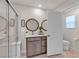 Bright bathroom including a spacious shower and vanity with double mirrors at , Henderson, NV 89044