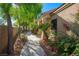 Charming walkway leading to the home, lined with vibrant plants and lush trees at 1441 Palm Dr, Laughlin, NV 89029