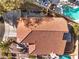 Overhead view of home featuring tile roof, swimming pool, and backyard layout with lush landscaping at 8932 Beach Front Dr, Las Vegas, NV 89117