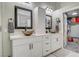Modern bathroom featuring double vessel sinks, white cabinets, and elegant fixtures for a spa-like experience at 209 Tamarack Dr, Henderson, NV 89002