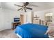 Bedroom features ceiling fan, TV, dresser and nightstands plus a blue comforter set at 2104 Kendall Hill Ave, Las Vegas, NV 89106