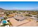 Aerial view showcasing desert landscaping, a refreshing pool, and stunning mountain views in the distance at 211 E Kimberly Dr, Henderson, NV 89015