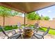 Charming backyard patio with stylish seating around fire pit, artificial grass and landscape at 2333 Mundare Dr, Henderson, NV 89002