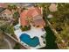 Aerial view of an amazing backyard featuring pool, hot tub, covered patio, artificial grass, and desert landscaping at 1990 Freeman Ct, Henderson, NV 89014