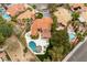 An overhead shot displays a home with a pool, hot tub, and serene outdoor living spaces, perfect for relaxation at 1990 Freeman Ct, Henderson, NV 89014