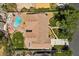 Aerial view of a private backyard oasis featuring a pool, patio, and lush landscaping at 3104 Conners Dr, Las Vegas, NV 89107