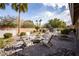 Landscaped backyard with a fire pit, seating area, and beautiful greenery at 3236 Cliff Sieler Ct, Las Vegas, NV 89117