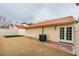 Backyard with rock landscaping, brick patio and artificial turf at 5151 Tennis Ct, Las Vegas, NV 89120