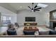 Open living room boasting high ceilings, modern decor, a ceiling fan, and a cozy fireplace at 5151 Tennis Ct, Las Vegas, NV 89120