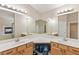 A dual sink vanity offers plenty of space for storage and a view of the bathtub and shower at 6013 Jubilee Gardens Ave, Las Vegas, NV 89131