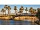 Scenic golf course view with a pedestrian bridge over water, framed by palm trees and distant mountains at 8 Via Dolcetto, Henderson, NV 89011