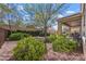Private backyard featuring lush green bushes, a covered patio with seating, and a tall privacy fence at 2467 Moonlight Valley Ave, Henderson, NV 89044