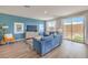 Inviting living room features a plush blue sofa and sliding doors to the backyard at 1201 Dre Harbor Pl # Lot 80, North Las Vegas, NV 89084