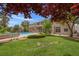 Spacious backyard featuring a pool, patio, mature trees, and manicured lawn at 1312 Fragrant Spruce Ave, Las Vegas, NV 89123