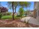 Expansive backyard featuring lush greenery, mature trees, a sparkling pool, and a covered patio at 1312 Fragrant Spruce Ave, Las Vegas, NV 89123
