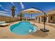 Inviting backyard pool area with a covered lounge and lush landscaping, perfect for outdoor relaxation at 2851 Winchester Ave, Pahrump, NV 89048