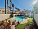 Beautiful backyard showcases a refreshing pool, rock accents, and artificial turf at 1704 Cordoba Canyon St, Las Vegas, NV 89117