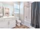 Bathroom with tub-shower combo, white vanity, and modern fixtures at 326 Beethoven Ridge Dr, Henderson, NV 89011