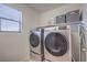 A modern laundry room featuring a front-load washer and dryer, storage shelves and a window at 5232 Pendergrass St, North Las Vegas, NV 89081