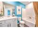Stylish bathroom features a shower-tub, white vanity, and bright turquoise accent wall at 6529 Cinnamon Hazelnut Ave # Lot 93, North Las Vegas, NV 89084