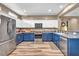 Open kitchen featuring blue cabinets, stainless steel appliances, wood floors, and bright lighting at 7029 Bocaire Dr, Las Vegas, NV 89131