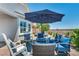 Cozy outdoor patio with comfortable chairs, an umbrella, and a table for entertaining guests or relaxing outdoors at 7029 Bocaire Dr, Las Vegas, NV 89131