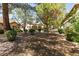Backyard with desert landscaping and mature trees, creating a tranquil outdoor space at 9329 January Dr, Las Vegas, NV 89134