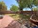 Spacious backyard featuring a brick border, grass, a small tree, and patio furniture at 11117 Okeefe Ct, Las Vegas, NV 89144