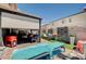 Charming backyard with covered patio, lounge seating and privacy screens, perfect for outdoor living at 1413 Miller Ridge Ave, North Las Vegas, NV 89031