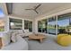 Relaxing outdoor patio with comfortable seating and multiple sliding doors at 2890 Reverence Heights Ln, Las Vegas, NV 89138