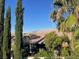 Scenic backyard view with mature trees and landscaping and mountains visible in the distance at 3535 Coventry Gardens Dr, Las Vegas, NV 89135