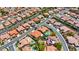 High-angle view of a residential neighborhood with houses featuring diverse yards, pools, and neatly lined streets at 2175 Sandstone Cliffs Dr, Henderson, NV 89044