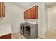 Well-equipped laundry room boasts modern washer and dryer, plus ample storage in the wooden cabinets at 2175 Sandstone Cliffs Dr, Henderson, NV 89044